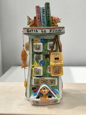 Robert Marble SIGNED Fishing Soothes The Soul Ceramic Candle Tower Sculpture
